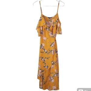 IRIS Yellow Floral Cold Shoulder Hi-Low Wrap Flowy Dress Flutter Sleeves M